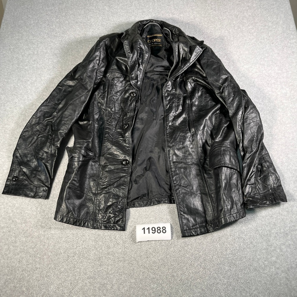 Vintage Cooper Jacket Mens 44 Black Genuine Leather Collared Button Front